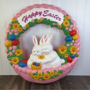 VTG 18" Empire 1995 Pink Easter Bunny Rabbits Blow Mold Plastic Wreath Hanging